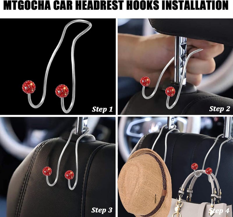 MTGOCHA Bling Purse Hook for Car Headrest, Upgraded Cute Car Seat Hooks for Bag Handbag, Durable Stainless Auto Purse Hanger Holder 2 Pack, Red - Image 4